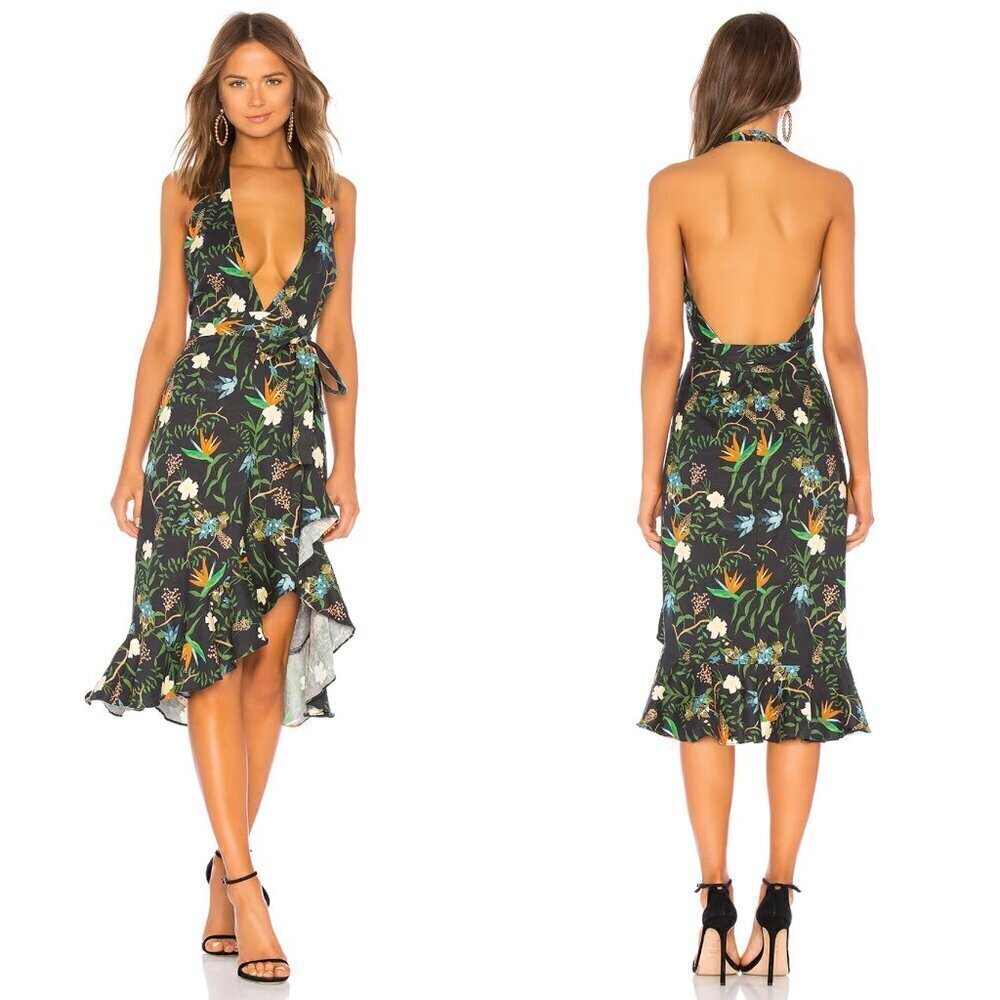 LPA Tropical Paradise Printed Linen Halter Hi Low Ruffle Dress